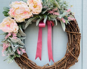 Spring Peony & Lambs Ear Wreath, Pink Satin Bow