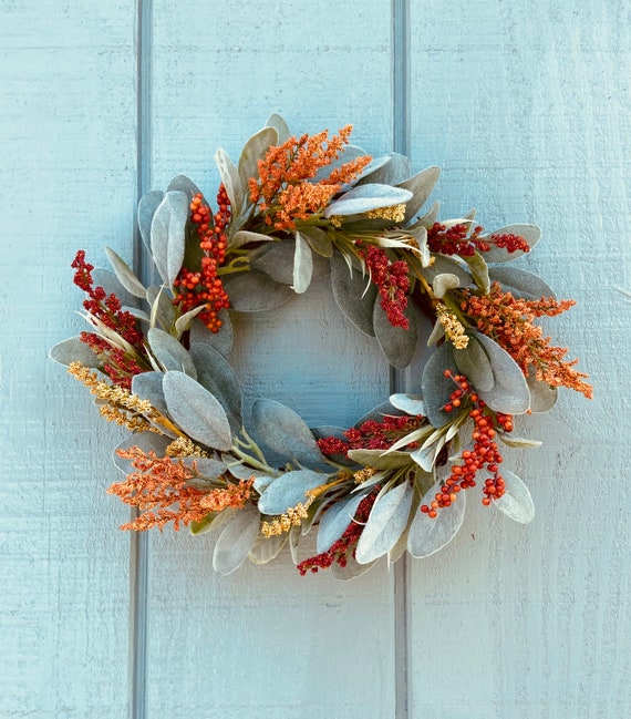 Fall Lambs Ear Wreath, Fall Floral Wreath, Mini Fall Wreath, Fall Decor, Farmhouse Fall Decor, Front Door Decor, Fall Candle Ring