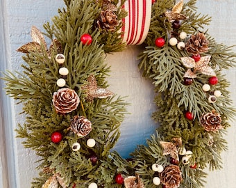 Mini Christmas Berry Wreath, Rustic Pinecone & Red Ribbon