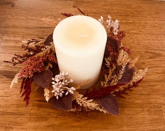 Autumn Candle Wreath with Pampas and Berries, Fall Centerpiece
