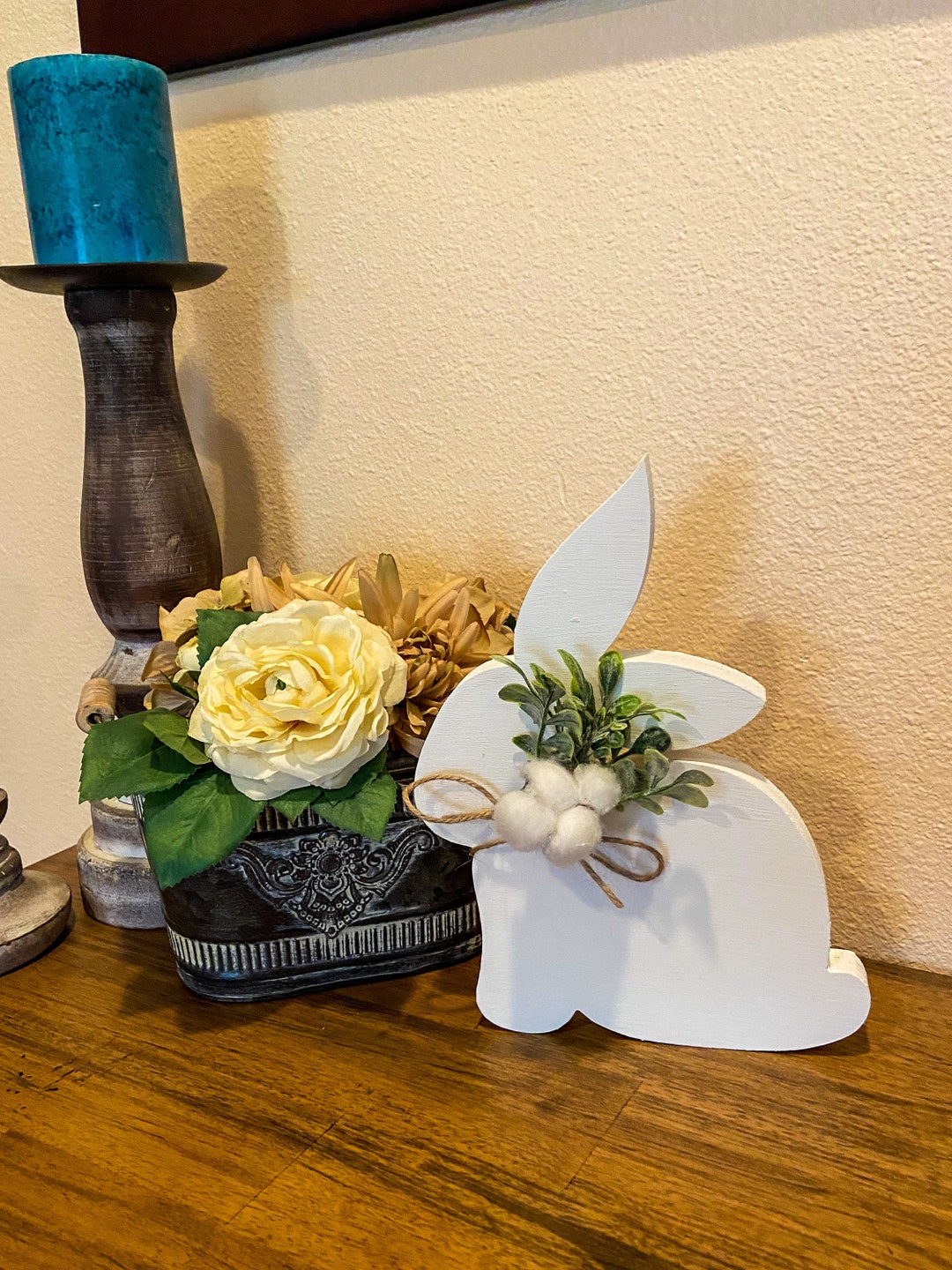 Wooden Easter Bunny, Twine Cotton Bow, Table Decor - Etsy