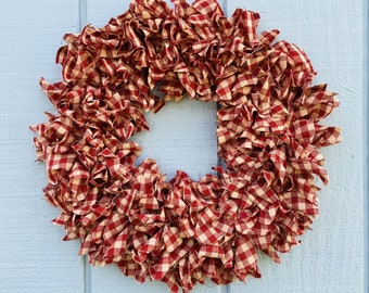 Christmas Checker Rag Wreath, Rustic Farmhouse Decor
