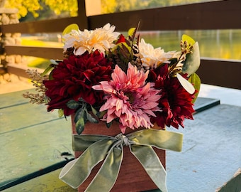 Rustic Burgundy Fall Centerpiece, Wooden Box, Velvet Ribbon