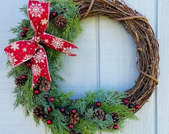 Christmas Pinecone Wreath, Red Berry Snowflake Bow, Holiday Decor