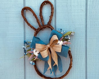 Bunny Shaped Easter Wreath, Blue Burlap Bow, Spring Florals