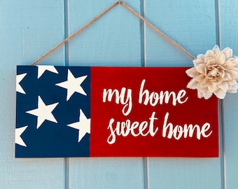 Patriotic Wood Sign, Red White Blue Chalk Paint, Burlap Flower Decor