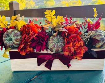 Rustic Autumn Centerpiece, Hydrangeas, Maple Leaves, Pumpkins