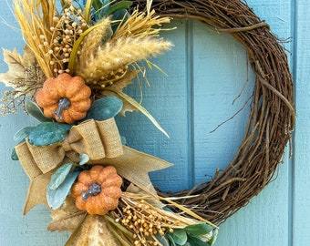 Fall Pumpkin Wreath, Lambs Ear, Burlap Bow, Autumn Decor