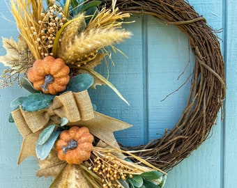 Fall Pumpkin Wreath, Autumn Wreath, Fall Farmhouse Wreath, Fall Lambs Ear Wreath, Fall Decor