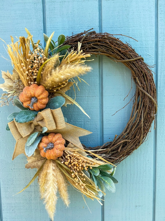 Fall Pumpkin Wreath, Lambs Ear, Burlap Bow, Autumn Decor