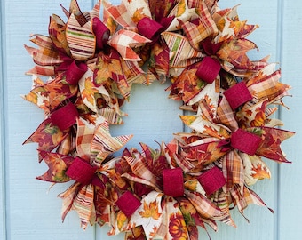 Fall Wreath, Fall Front Door Wreath, Fall Leaf Wreath, Burgundy Fall Wreath, Orange Fall Wreath, Fall Decor, Fall Porch Decor,