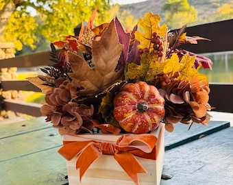 Rustic Fall Centerpiece, Orange Pumpkin, Velvet Ribbon