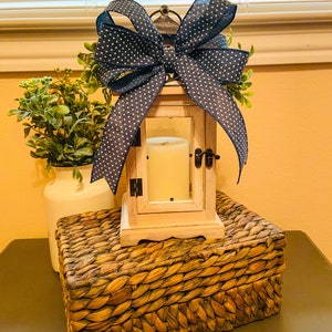 Farmhouse Lantern Candle Holder, Dark Blue Ribbon with Greenery, Ivory Lantern, Farmhouse Decor