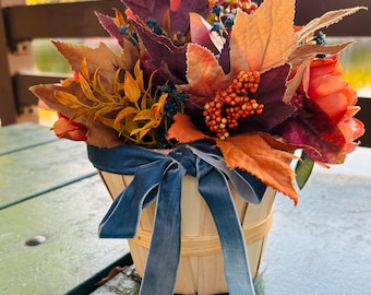 Rustic Fall Centerpiece, Orange Peonies, Blue Velvet Ribbon