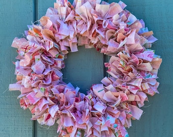 Pink Floral Rag Wreath, Farmhouse Spring Decor
