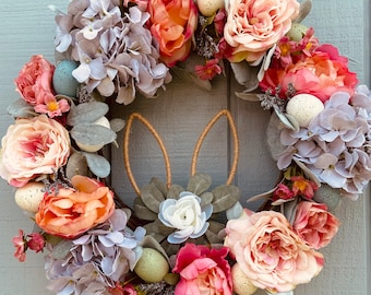 Easter Peony Hydrangea Wreath, Bunny Ears, Spring Farmhouse Decor