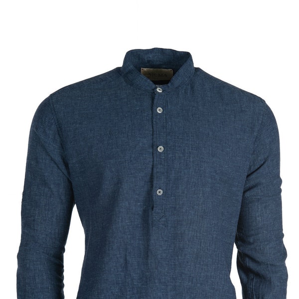 Grandad Collar Linen Style Shirt - Summer Shirt - Beach Shirt - Casual Shirt - Gift for him