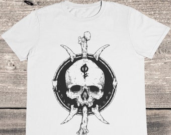 Camiseta de calavera con adoración al diablo: arte satánico vintage, estilo pagano y oculto