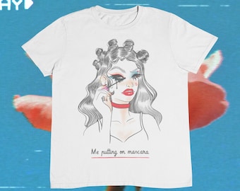 Girl With Make Up Illustration T shirt / Woman with Mascara / One line woman / %100 Cotton