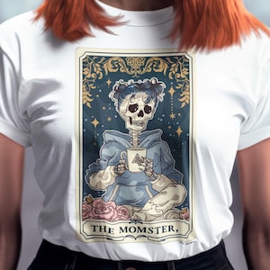 Camiseta de tarô Momster – Design gótico e humorístico de esqueleto de mãe, camiseta gráfica divertida e assustadora para o Halloween ou diversão o ano todo