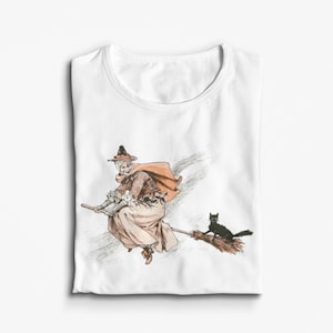 Retro Flying Witch T-shirt: Broomstick & Cat, Vintage Style