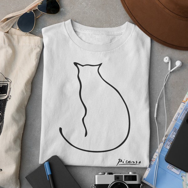 Picasso One Line Cat Drawing T shirt / %100 Premium Cotton