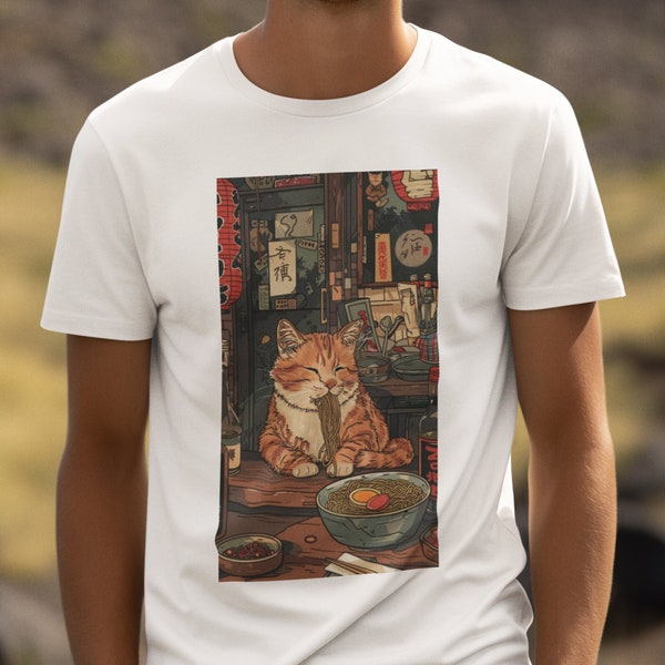 T-shirt Ramen Cat / Chat mangeant des nouilles / T-shirt Noodle Cat / Art japonais / Ukiyo e / Sumi e / Manga / 100 % coton