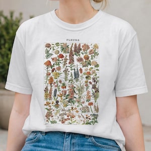 Vintage Botanical Flower T-Shirt, Adolphe Millot Dark Floral Chart Graphic Tee
