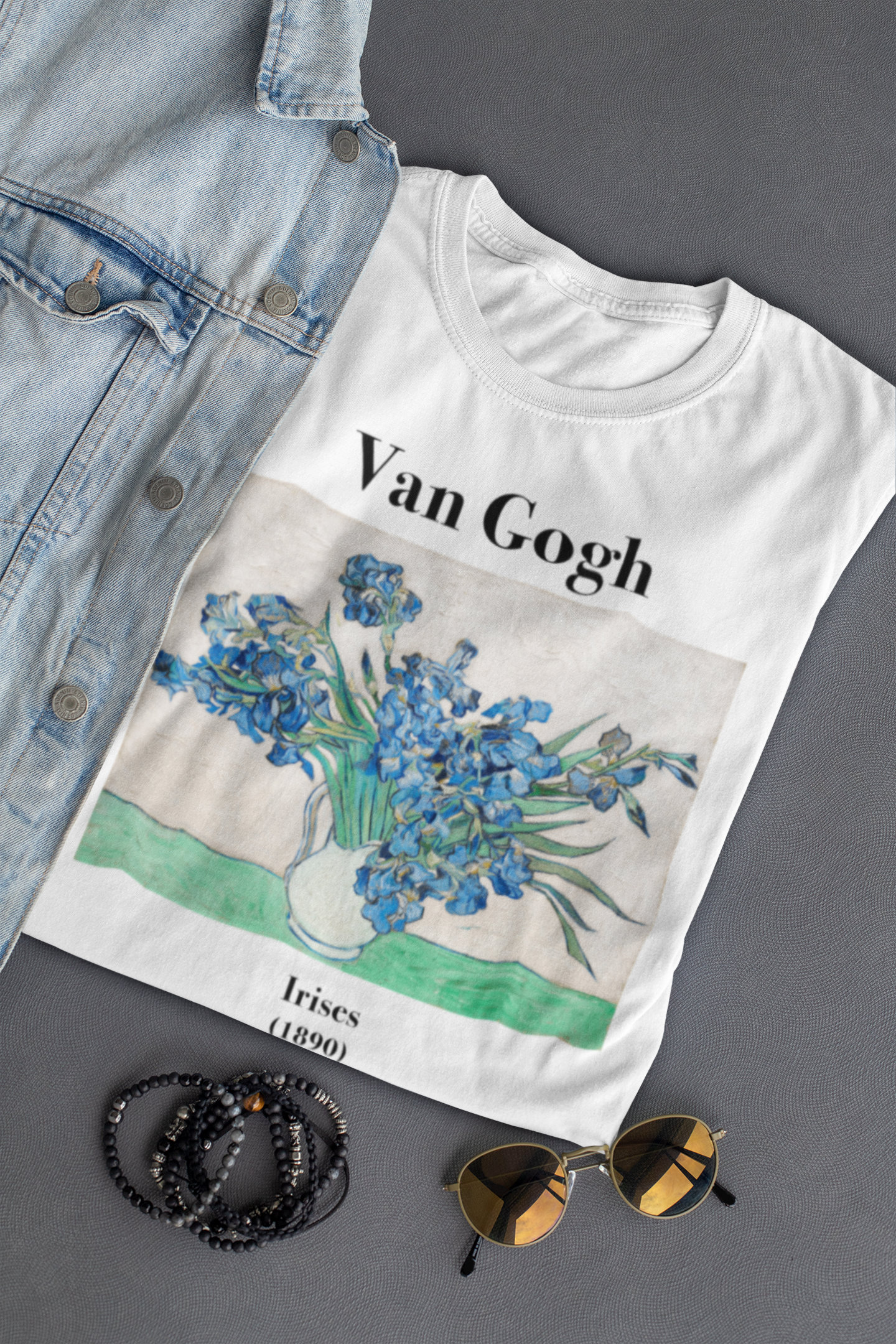 ゴッホのアイリスTシャツ：ファインアートプリント、コットンTシャツ 