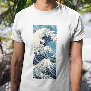 Koszulka z grafiką japońską falą - Hokusai Inspired Ocean Wave Design Miłośnicy sztuki, surferzy i entuzjaści natury Wielka fala u wybrzeży Kanagawy