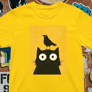 Funny Cat and Bird T-Shirt |Quirky Animal Graphic Shirt Cute Cat and Crow Minimalist Animal Illustration Funny Pet Lovers Pet Humor