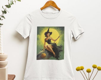 Halloween Pinup Vintage Witch T shirt Retro Pinup Girl Pumpkin Halloween Unisex Premium Cotton