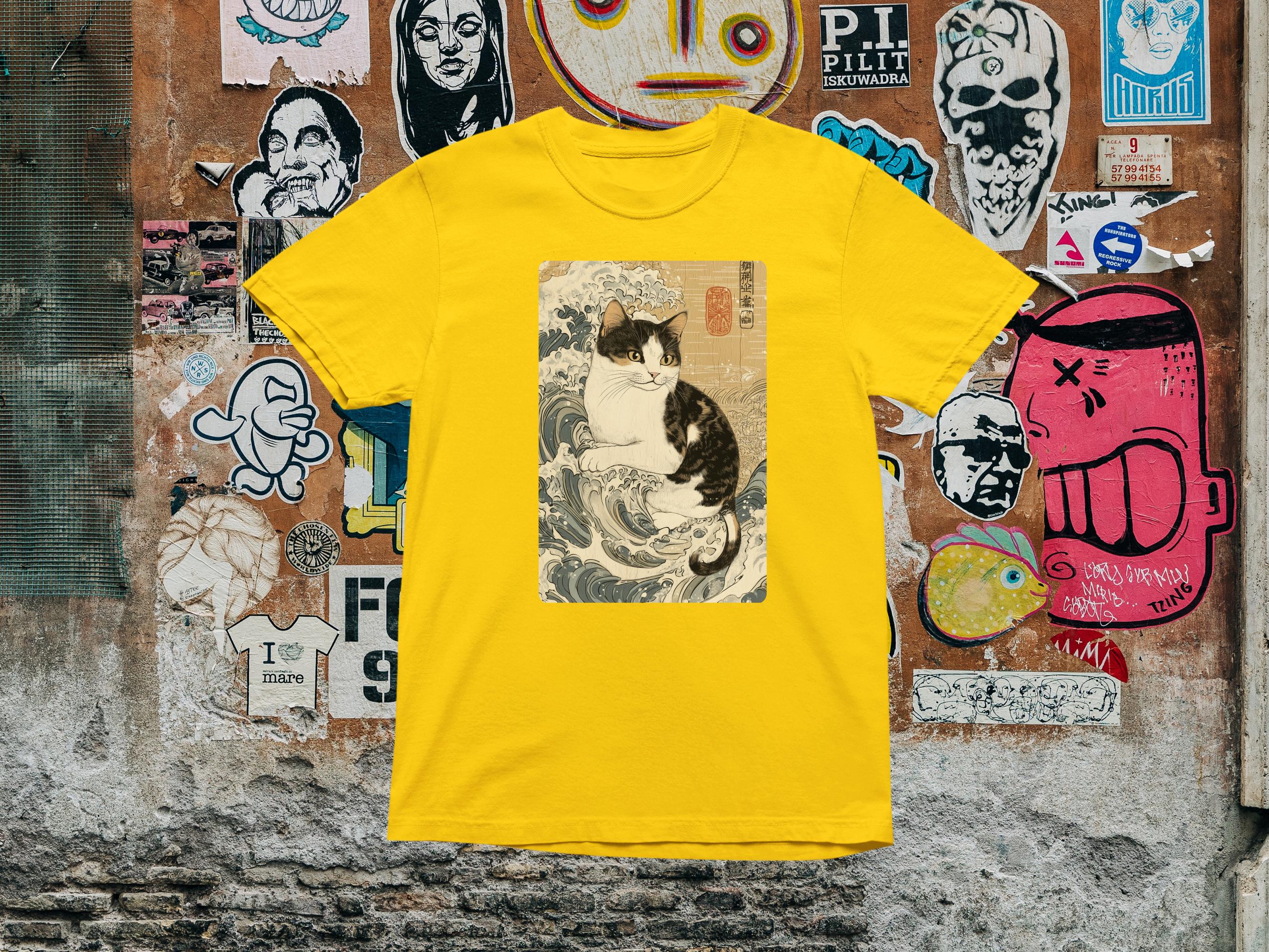 神奈川沖浪裏Tシャツ - 浮世絵風猫グラフィックTシャツ、ヴィンテージ 