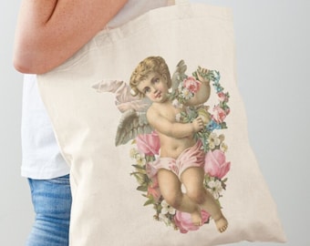 Bolsa de lona Baby Angel: diseño floral de querubín