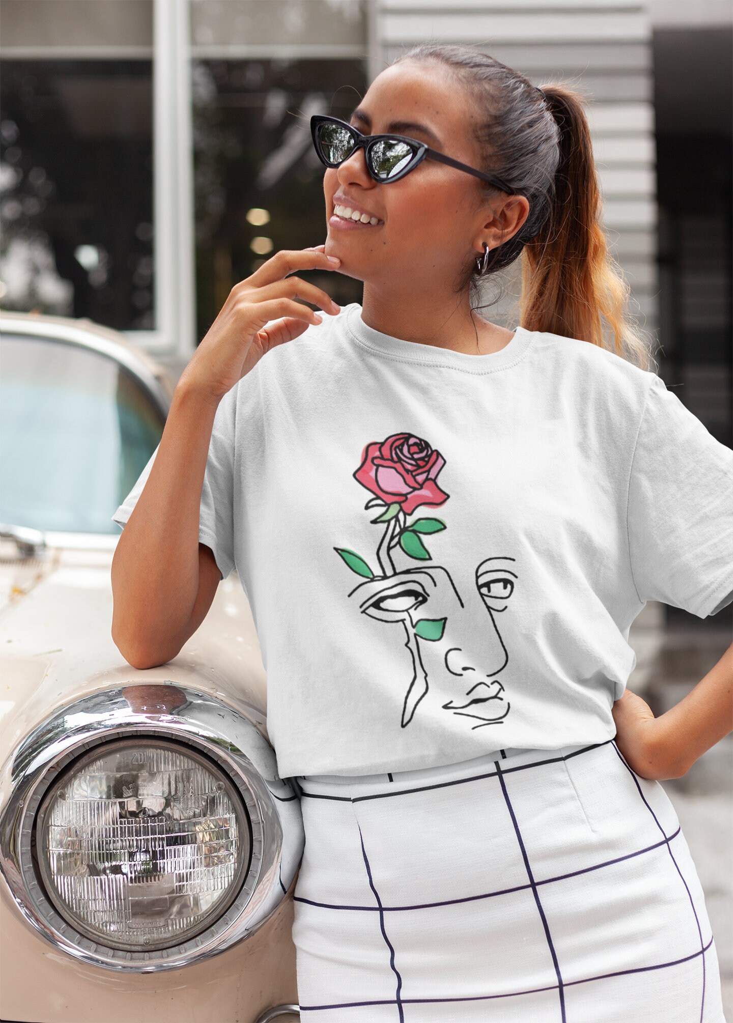 Image of Abstract David Statue With Rose T Shirt - Red