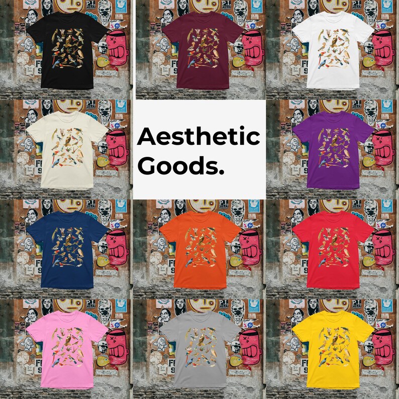 May include: A collage of ten t-shirts featuring a colorful bird pattern. The t-shirts are in various colors, including black, white, red, purple, blue, orange, pink, yellow, and gray. The text "Aesthetic Goods." is displayed in the center of the collage.