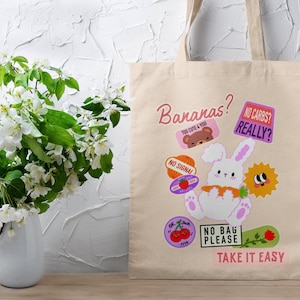 Rabbit Sticker Tote Bag: Natural Canvas Shopper