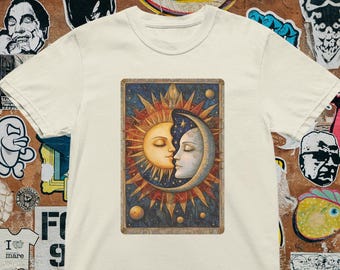 Sun and Moon Kiss Graphic Tee: Celestial Lovers Art Shirt