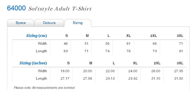 May include: Size chart for a Softstyle Adult T-Shirt, showing measurements in both inches and centimeters for sizes S through 3XL.