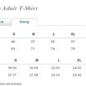 May include: Size chart for a Softstyle Adult T-Shirt, showing measurements in inches and centimeters for sizes S, M, L, XL, 2XL, and 3XL.  The chart shows width and length measurements.