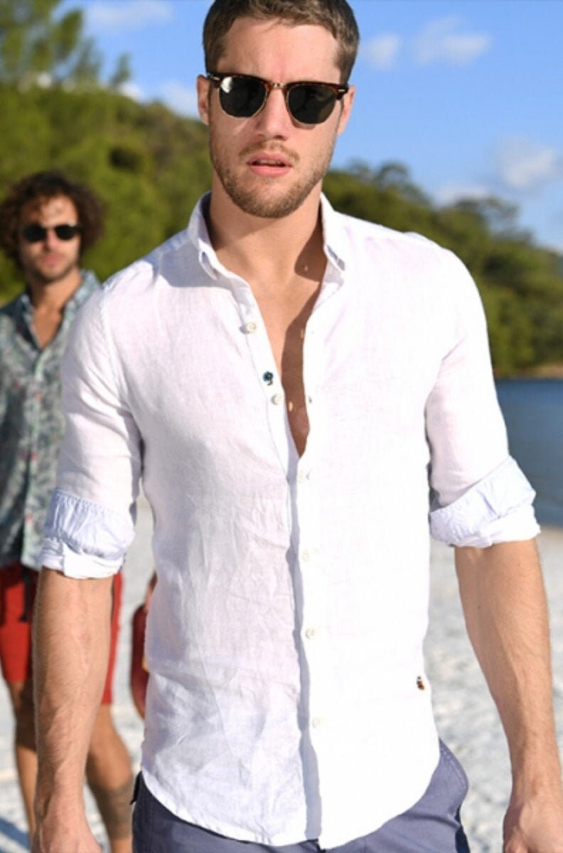 Image of Linen Style Beaded Shirt %100 Cotton - Gift For Him Elegant Casual Formal Summer Beach Dress