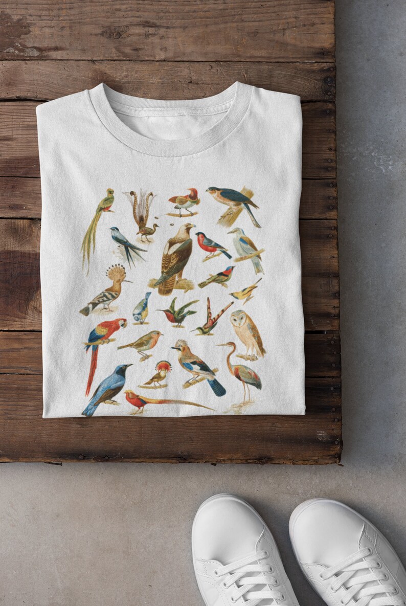 May include: White t-shirt with a colorful illustration of various birds. The birds are depicted in a vintage style and are arranged in a circular pattern.