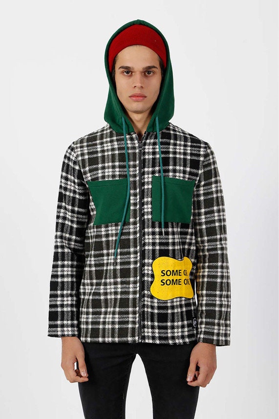 Image of Hooded Coat - Jacket Checked Check Over Shirt
