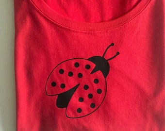Ladybug Red T shirt - Women's/Ladies 100% Cotton Soft Tee - Great Gift bright Red and black! Gift for Vegan or Vegetarian Valentine Lovebug