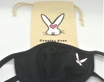 Cruelty Free White Rabbit Mask Set - Soft Black Cotton Mask with Organic Cotton Rabbit Pouch case!  Gift Set for Vegan Vegetarian Valentine