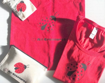 Ladybug Gift Set! Lovebug T shirt, bag, mask, case + pouch Save + FREE gift bag! Women's 100% Cotton in Red + black! Christmas Gift Vegan