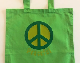 Peaceful Retro Tote Bag Green Peace Sign 100% Cotton Canvas - Great Gift for Retro Hippy Vegan or Vegetarian plant-based Boho Christmas Gift