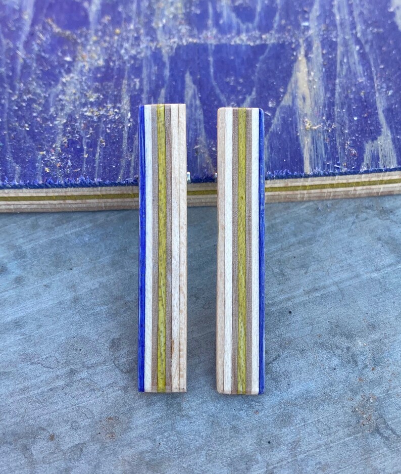 Blue and Yellow Alligator Hair Clips Made From Recycled Skateboard