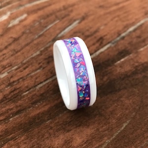 Unicorn- White ceramic ring with purple glow background and cotton candy opal