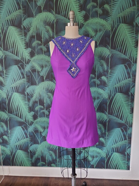 60s Beaded Collar Purple Dress